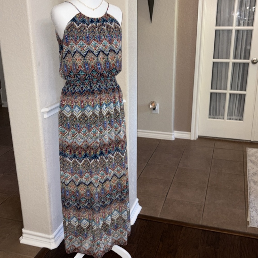 Sweet Storm navy, turquoise, orange & red Aztec print maxi halter dress Size S